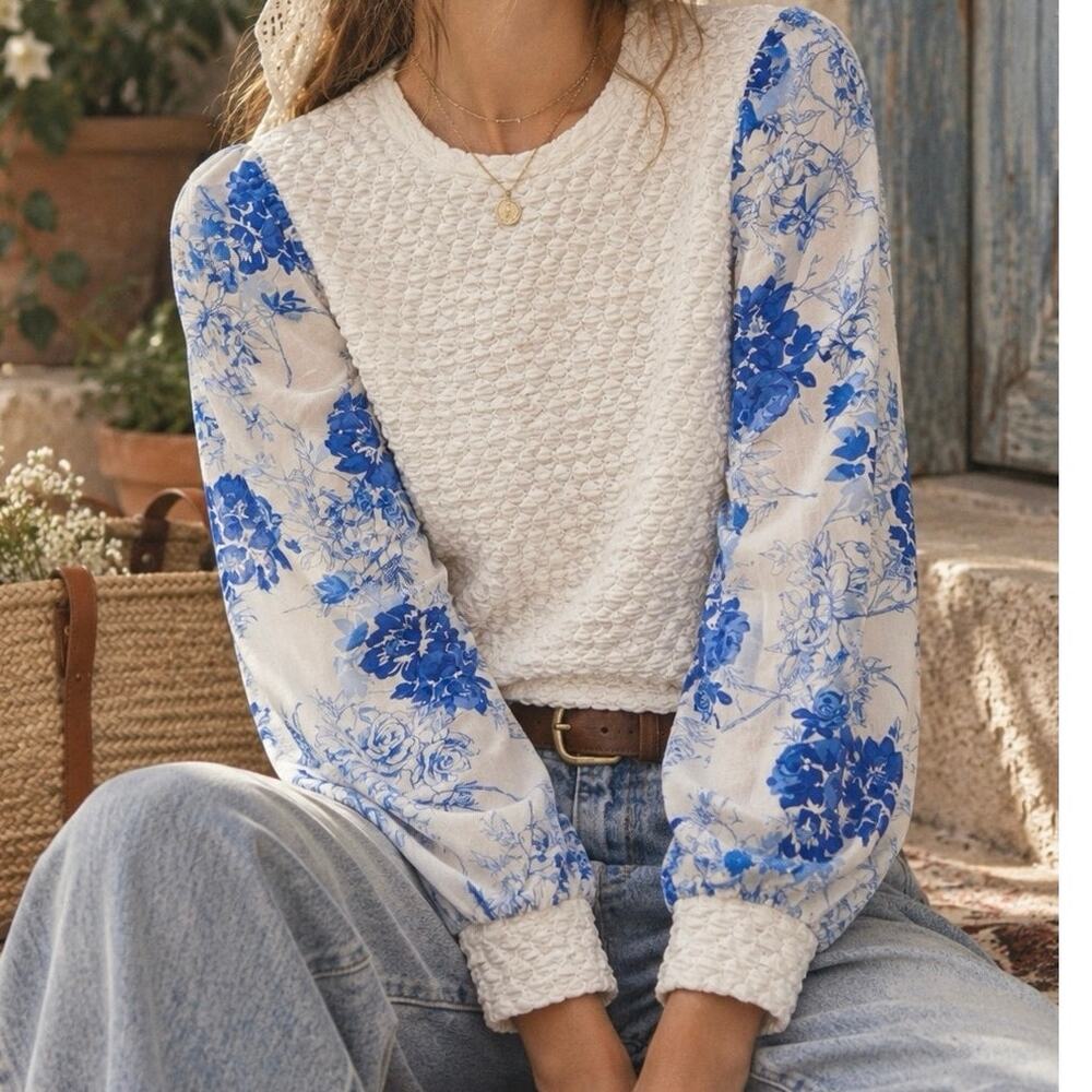 Anthropologie Porridge Quilted Boho Peasant Long Sleeve Floral Top Size Small